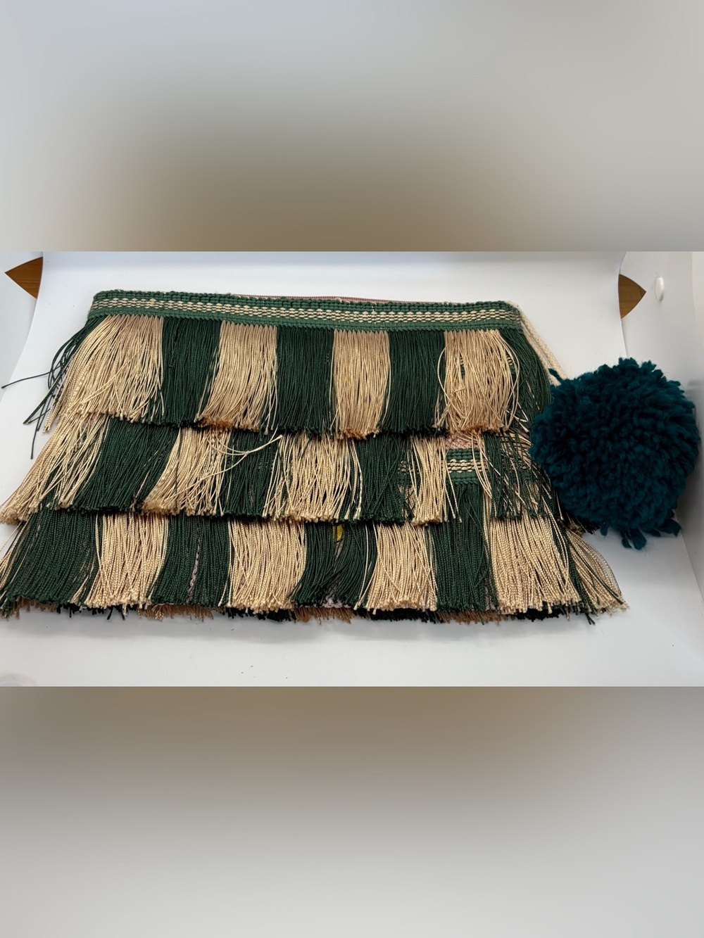 NWOT Green and Gold Embroidery Fringe Trim Clutch